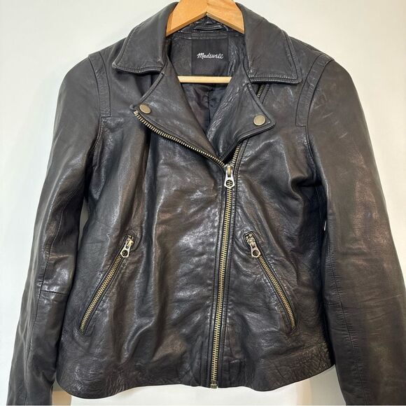 Madewell Black Washed Leather Moto Biker Jacket Women's Size Small  FLAWED*** - Picture 2 of 16